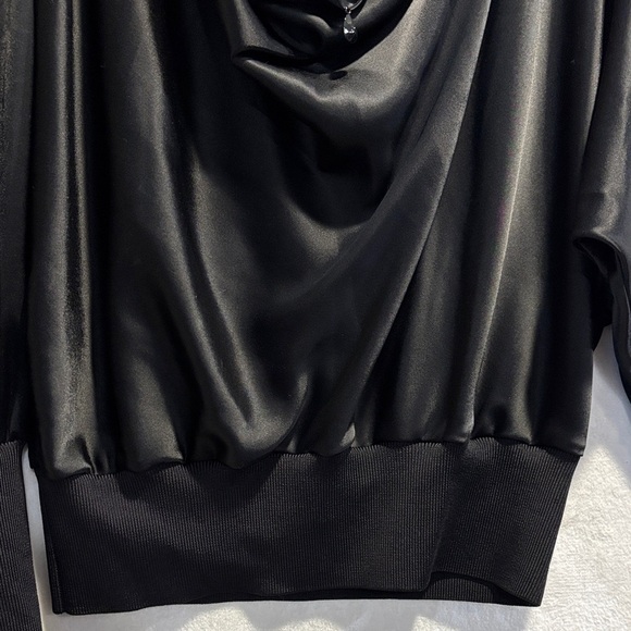 St. John Satin Black Blouse Knit Trim Cowl Neck Dolman Sleeve Top Size Medium - Picture 7 of 16